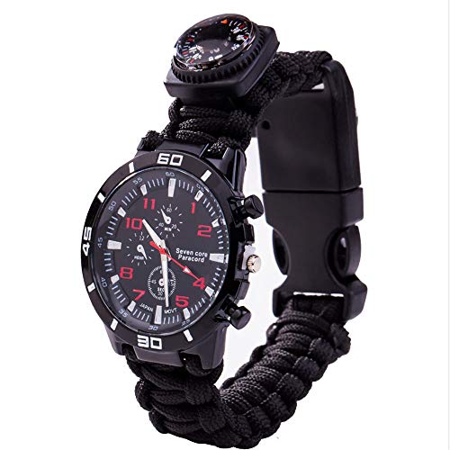 Kit de supervivencia pulsera ajustable con Flint fuego entrante + cuerda + reloj al aire libre del compás + termómetro + del silbido + paraguas, para ir de excursión acampar actividades al aire libre