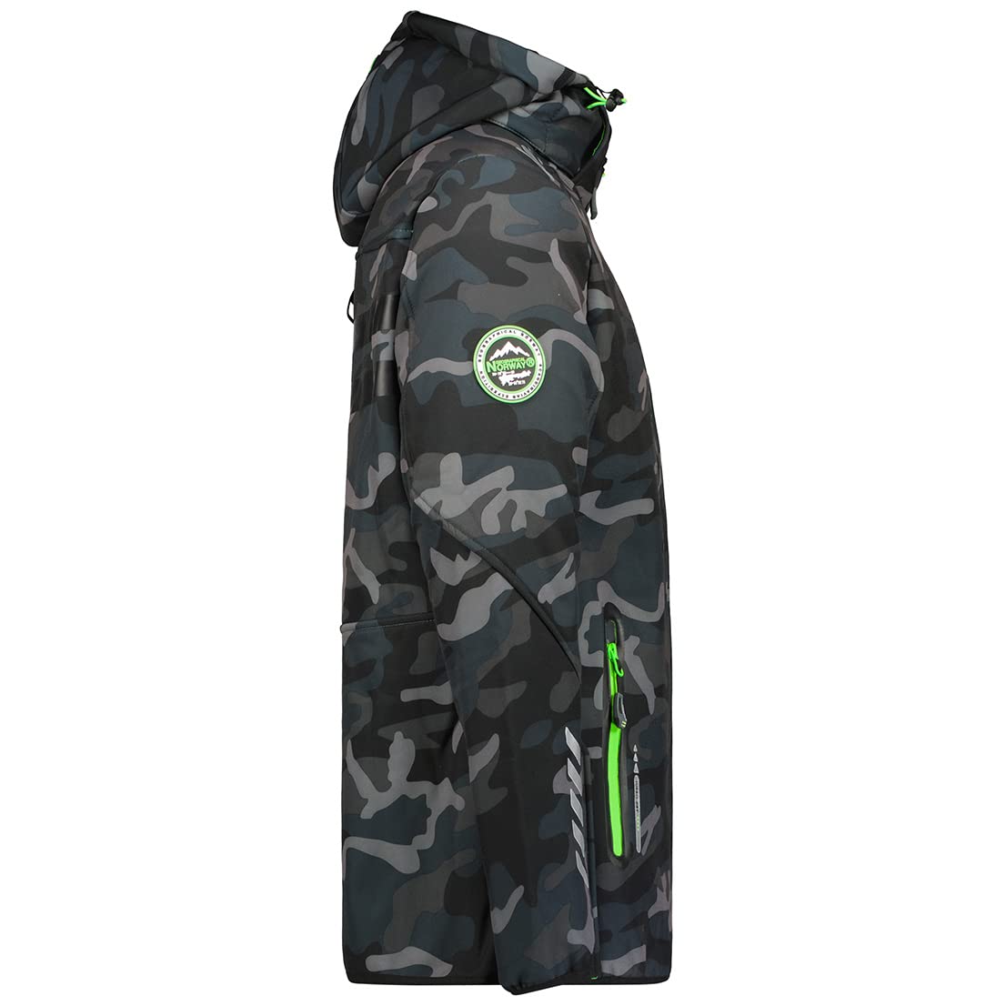 Geographical Norway Royaute Men Distribrands - Giacca Softshell impermeabile uomo - Giacca cappuccio traspirante all'aperto vento tattica resistente all'inverno (Camo_Nero_Verde L)
