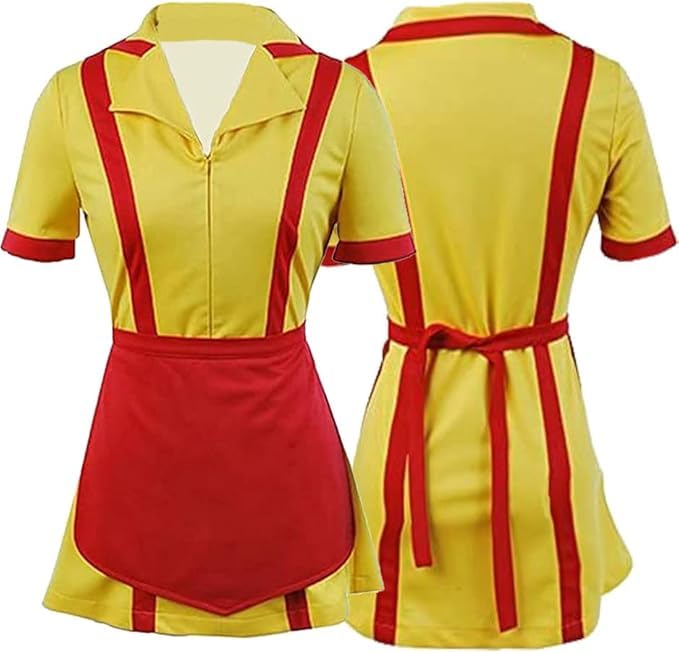 Seaehey Broke Girls Cosplay Costume Yellow Red Waitress Dress Max Caroline Diner Uniform with Apron Maid Dress Halloween Party