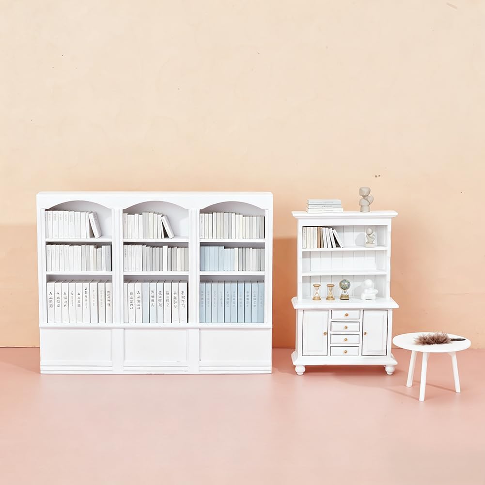 4 Pcs 4 Styles Mini Furniture Set, Mini Bookshelf Closet Round Table Plush Duster Set Micro Landscape Decor for Miniature Scenery Display