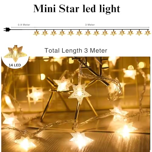 Image of MoonlitDreams Mini Star Fairy String Lights - 14 LED, 3 Meter, Warm White Decorative LED Lights for Bedroom, Home, Garden, Diwali, Christmas, Wedding & Party Decoration (Pack of 1)