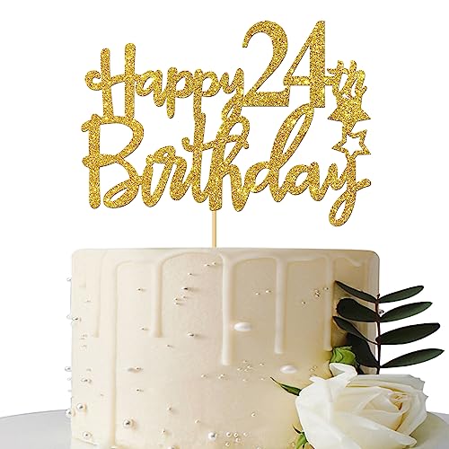 Gold Glitter Happy 24th Birthday Cake Topper - 24 Sign Cake Topper - Cheers to 24 Years Party Supplies - 24th Birthday Party Decoration