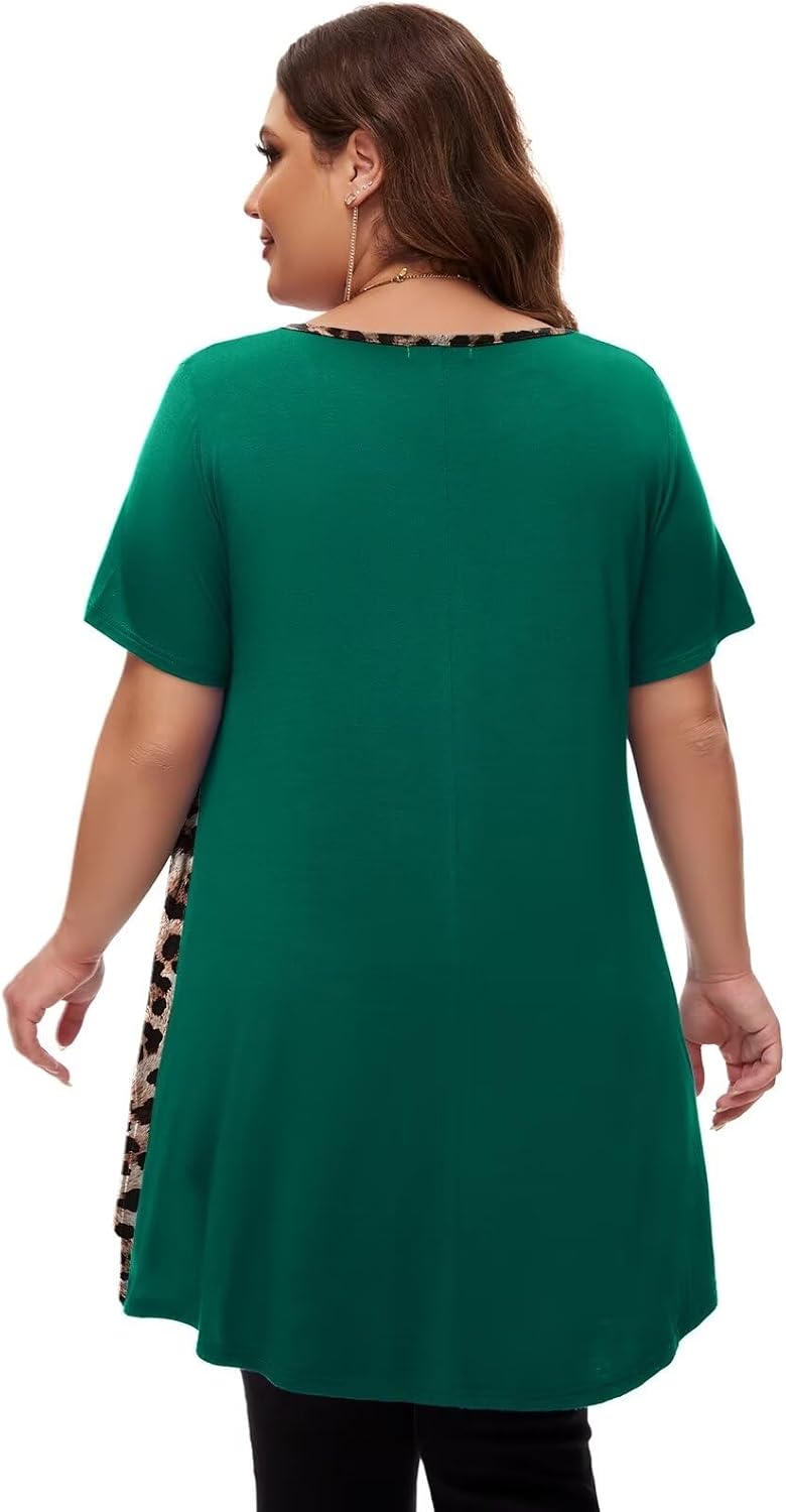 LARACE Womens Spring Summer Tops Plus Size Leopard Print Short Sleeve Tunic for Women 2025 Trendy Fashion Blouses(DeepGreen/A-Leopard08 L) - Image 5