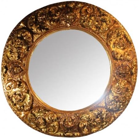 Antique French Round Wall Mirror Carved Wood Gold Frame