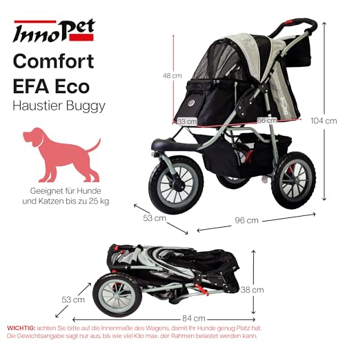 Innopet Hundebuggy Comfort EFA Eco Schwarz/Silber – faltbarer Hundewagen, Katzenwagen für Gelände & Strand – pannensichere 30cm Räder, recycelter Nylonstoff