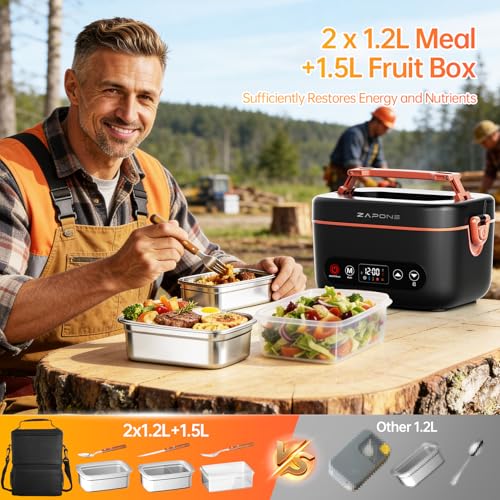 Image of 2X1.2L Cordless Electric Lunch Box For Adults,6x4000mAh Rechargeable lunch box Upgared 100W 5D Surround Heat Tech,Food Warmer 220F Max,with Dual Insulated Bag,BPA Free,Brown