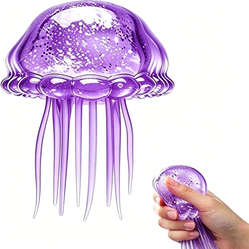 Glitter Jellyfish Squishy Toy Stress Relief Squishy Fidget Toy for Kids & Adults Soft TPR Jellyfish Sensory Toy with Wiggly Tentacles Portable Squeeze Ball for Office School (Purple)
