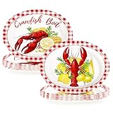 Grencian 50 Pcs Crawfish Boil Party Supplies 10” x 12” Lobster Boil Oval Paper Plates Large Disposable Crawfish Red Gingham Tableware Set for Baby Shower BBQ Summer Picnic Barbecue Cookout Carnival