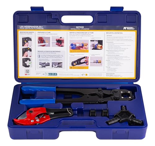 Coffret complet pour le sertissage des raccords sur tubes PER et multicouche NOYON & THIEBAULT contient 1 pince à sertir, 1 coupe tube, 1 ébavureur/calibreur, 2...