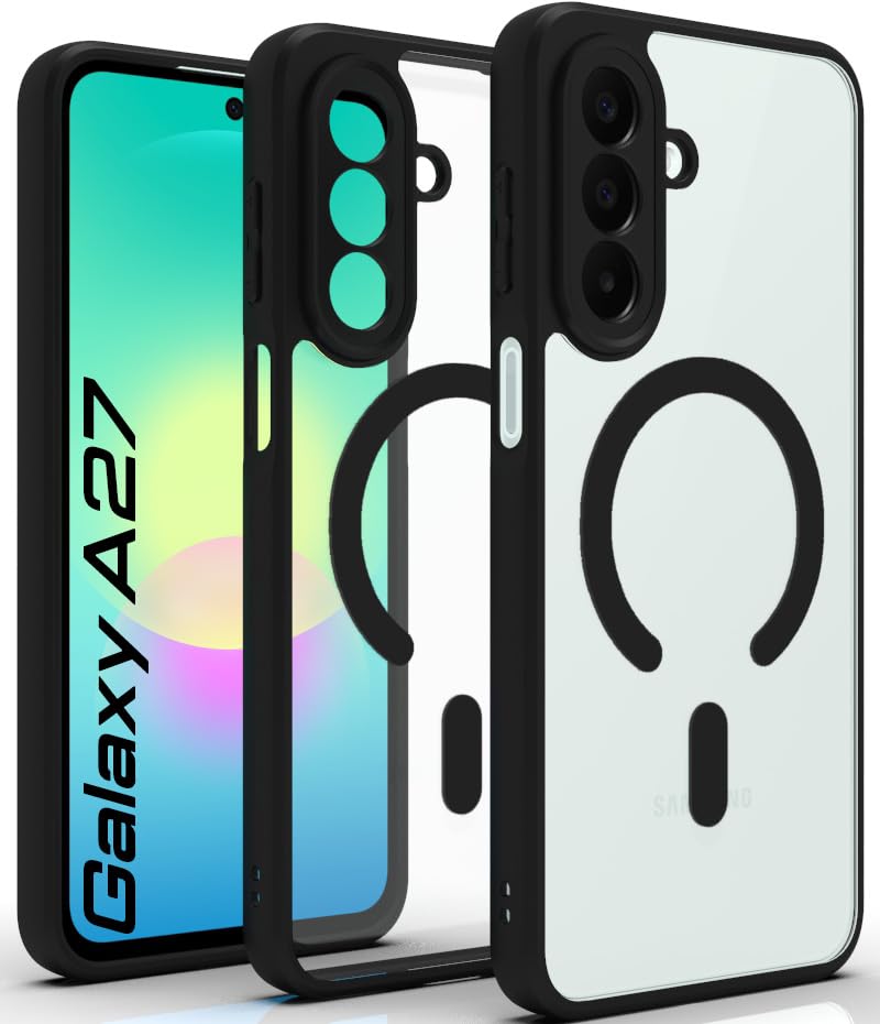 Image of RIGGEAR Shockproof Sleek Hybrid Armor Magnetic Back Cover Case Compatible with MagSafe Accessories for Samsung Galaxy A27 5G (Clear PC + Black TPU Bumper)