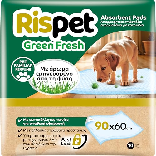 RISPET Tappetini Igienici Green Fresh per Cani 90x60cm, Alta Assorbenza con tecnologia Controlla Odori, 14 Unità