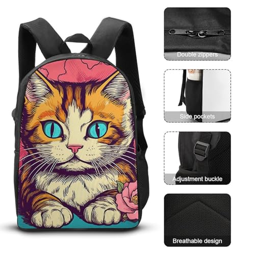 3 Piece Backpack for Women Men Lightweight Causal Daypack Shoulder Bag Set with Insulated Lunch Bag And Pencil Case Organizers Pop Art Cat3