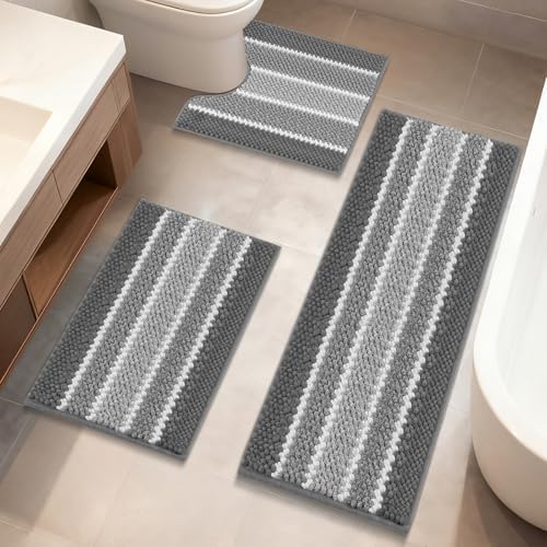ArtyCozy Chenille Bathroom Rugs 3 Pieces, Extra Thick Absorbent N...