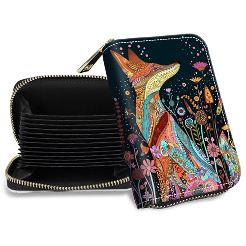 DHYYDSQZ Credit Card Holder with Zipper, Slim RFID Blocking Card Wallet for Women Men Art Fox Design PU Leather Small Accordion Card Case Wallet, ID Card Organizer, Pocket Business Card Case