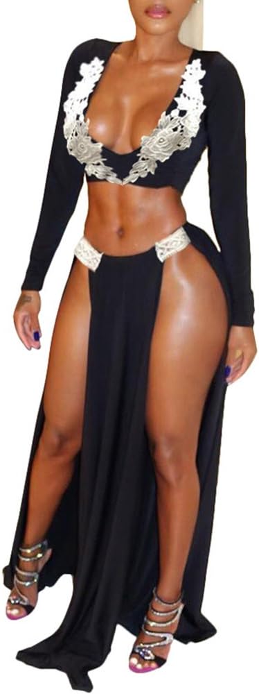 Cutedi Womens Black Lace Sexy Blouse Top + Long Side Split Skirt Evening Prom Dresses 2 Pieces Sets Black L
