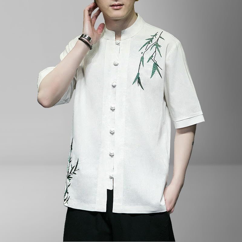 Style chinois traditionnel coton lin brodé boutons grenouille chemise vintage ample