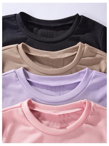 SweatyRocks Girl's 4 Pack Lettuce Trim T Shirt Ribbed Knit Short Sleeve Crew Neck Solid Tee Tops3