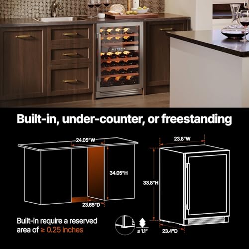 Image of Ca'Lefort 24 Inch Wine Fridge, 52-Bottle Built-In Dual Zone Wine Cooler | 40-65F Control, Adjustable Shelves, Glass Door & 3-Color LED, Automatic Defrost, Under Counter or Freestanding for Home Bar