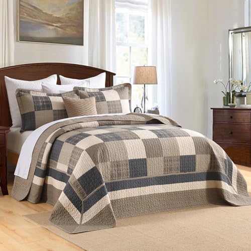 Image of Finlonte 120 inchx120 inch Oversized King Bedspread - 100% Cotton Lightweight Quilted Bedspreads Coverlet Set, Farmhouse Plaid Bedding Reversible Oversized King Quilt with 2 Pillow Shams, Brown /Beige /Cream