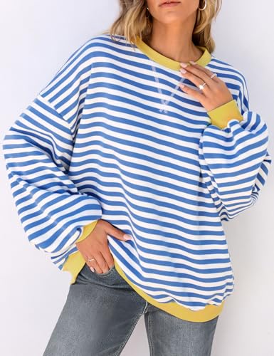 Image of UEU Women Oversized Striped Crewneck Sweatshirt Long Sleeve Color Block Pullover Tops Casual Loose Workout Shirt