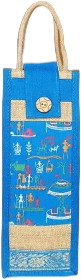 Jute Water Bottle Bag, Blue, Warli Print, Rope Handle with Button Closure, Reusable Carrier Tote