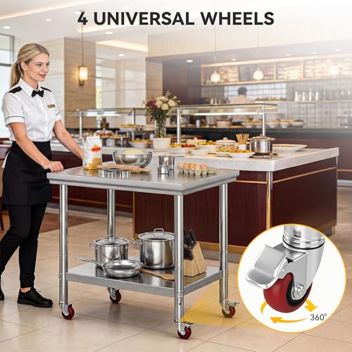DWVO 30x24in Stainless Steel Table, NSF Metal Prep Worktable with Adjustable Shelf & Wheels for Kitchen Restaurant Hotel Garage Warehouse Home by DWVO - Image 4