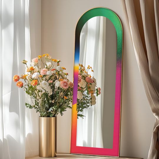 23,5''W x 67''H Neon Bloom - Specchio da pavimento astratto ad arco a tutta lunghezza - Specchio da pavimento colorato a corpo intero con cornice nera con cornice argento
