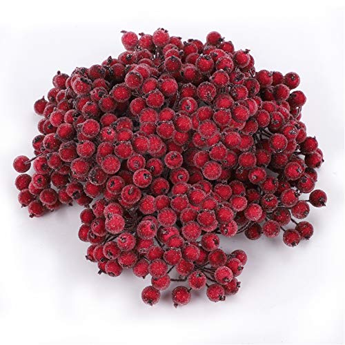 Baies de Noël,400 pièces Artficial Red Christmas Frosted Fruit Berry Mini Fleur de Baies de Noël Décorations de Table pour décorations d'arbre de Noël Guirlande Artisanale Utilisation faveur de Noce