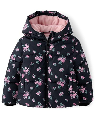 The Children's Place,Baby Girls,and Toddler Medium Weight Wind-Resistant, Water-Resistant Puffer Jacket,Black Floral,18 Months,24 Months