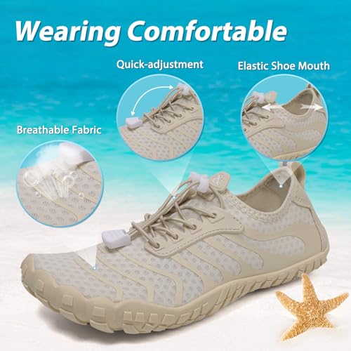 Wasserschuhe Badeschuhe Damen Herren Strandschuhe Schnell Trocknend Drainagelöcher Strand Schwimmschuhe Meeresschuh Surfschuhe Poolschuhe Unisex Barfußschuhe für Kajakfahren Fitnessstudio Beige EU39