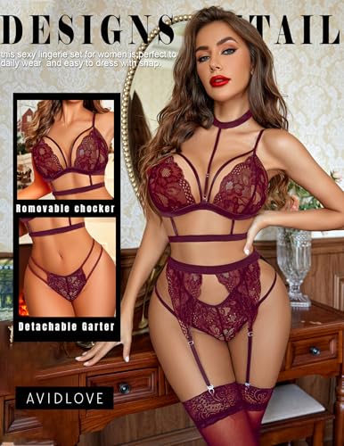 Image of Avidlove Lace Garter Lingerie Set with Removable Choker Teddy Babydoll Strappy Bra and Panty Set (No Stockings)