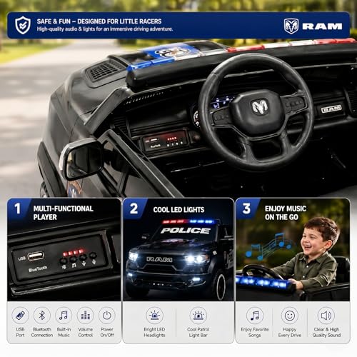 Image of 24V Licensed Dodge RAM Police Ride On Truck, 4WD Quad Motor Kids Electric Car with Parent Remote Control, 2-Seater Safe Ride On Vehicle, Bluetooth Music Emergency Light, Birthday Gift for 3-8