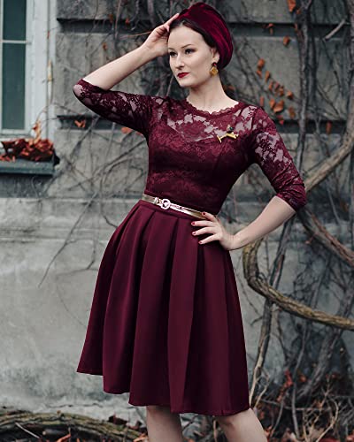Miusol Women's Vintage Floral Lace 2/3 Sleeve Bridesmaid Party Dress, Wine, Large