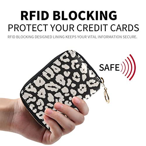 OTVEE Black and White Leopard Print Credit Card Wallet, Microfiber Leather Zipper RFID Card Case Holder for Women2