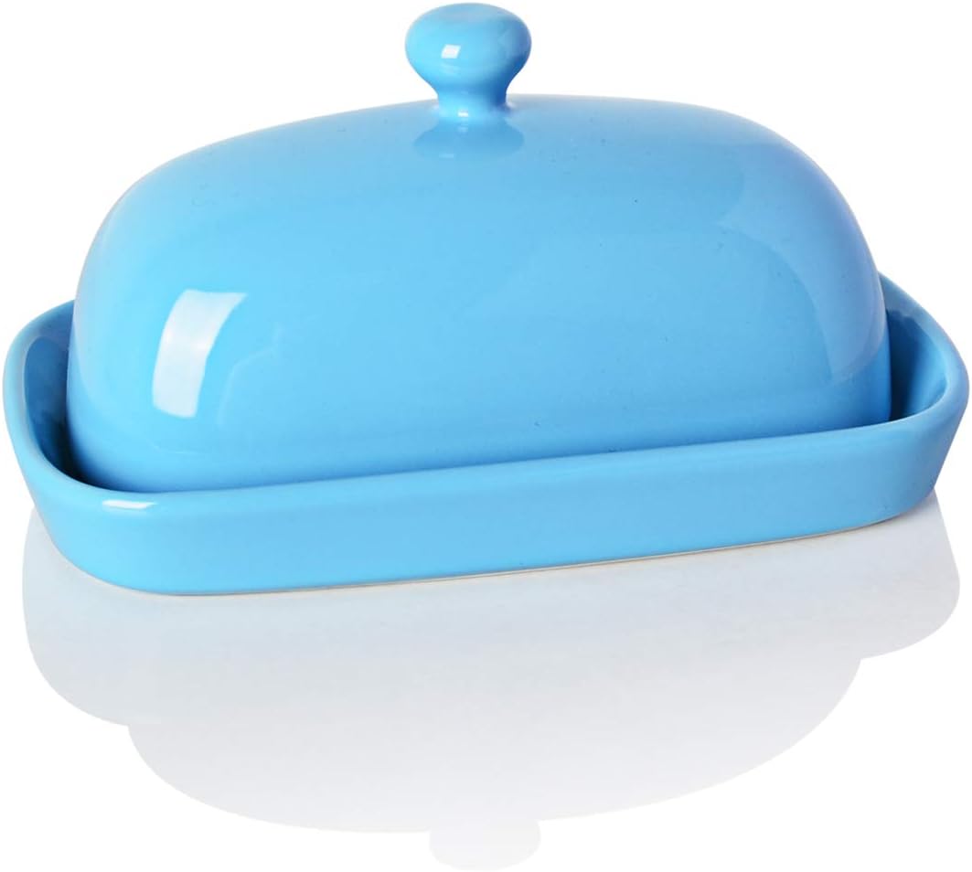 Sweejar Ceramics Butter Dish with Lid, Butter Keeper Container, East/West Coast Butter, 7 inches (Steel blue)