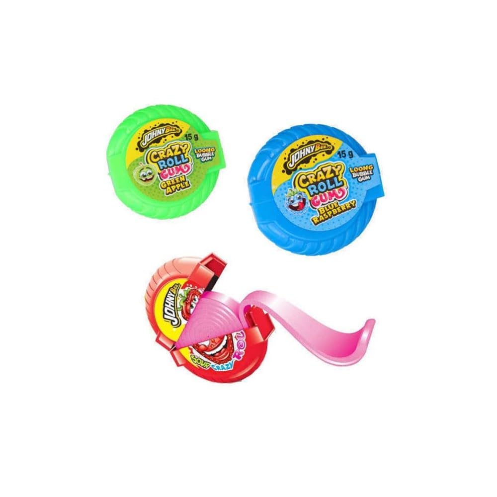 JohnyBee Crazy Roll Gum- Sabor-manzana verde-fresa-frambuesa- cola 36 piezas