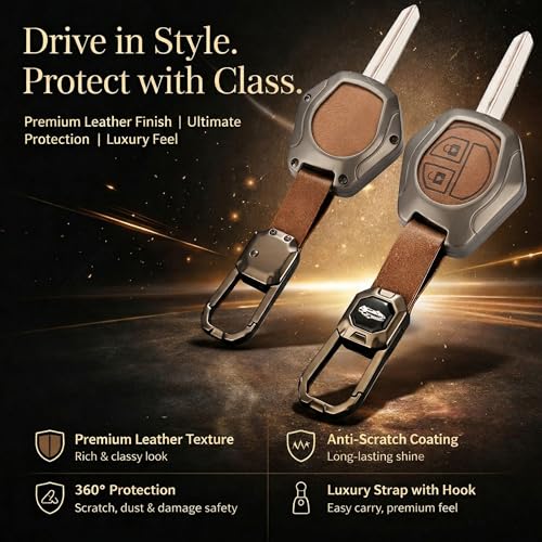 Image of Exclusive Metal Leather Key Cover Compatible with Maruti Suzuki S-Presso,Swift,SX4,DZire,Ignis,Alto,Vitara Brezza,Ertiga,Ciaz,Baleno,Ritz 2 Button Key Leather Protection with Keychain