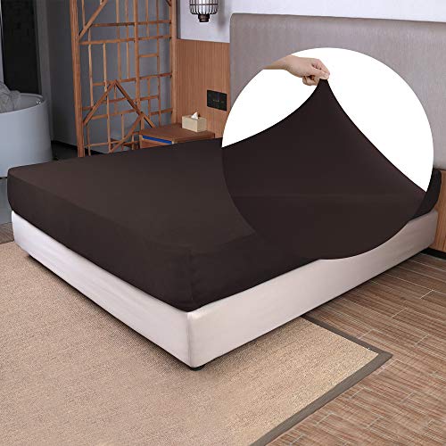Image of Queen Size Fitted Sheet Only - 4-Way Stretch Jersey Knit, T-Shirt Feeling & Ultra Soft, Wrinkle Free, Non-Slip & Snug Fit for Mattress (Deep: 5 inch-16 inch) - Brown, Queen