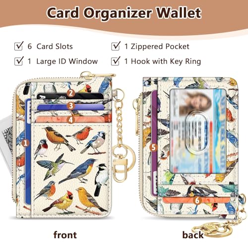 Image of GIANCOMICS Slim Wallet Credit Card Holder Women, Bird Rfid Blocking Small Card Case, Keychain Thin Pocket Curved Zipper Wallet, Travel Card Holder PU Leather ID Window, Ladies Female Gifts