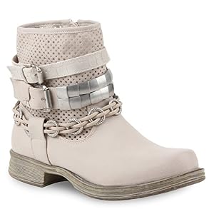 stiefelparadies Damen Leder-Optik Biker Boots Schnallen Cut-Outs Stiefeletten Schuhe 111244 Beige 37 Flandell