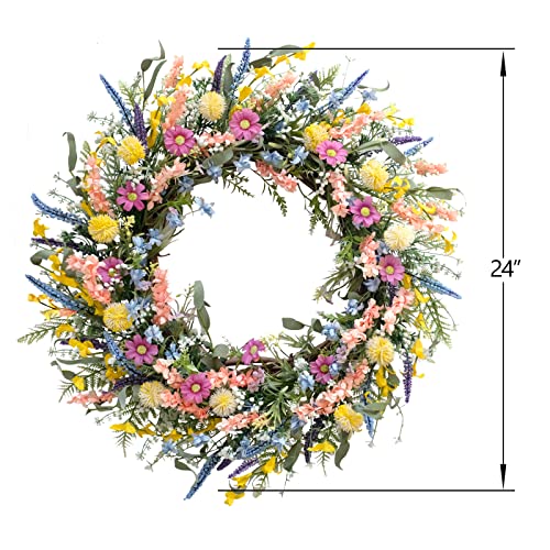 Egolot 24 Inch Spring Summer Colorful Flower Wreath For Front Door, Forsythia Lavender Wild Flowers Wreath For Home Decor, Colorful Wild Flowers With Green Leaves Wreath For Everyday #TOP6