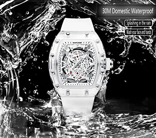 Kimsdun-Stylish Skeleton Sport Watches, Waterproof, Analog Quartz Date Calendar Wristwatch, Transparent Tonneau Case Casual Watch, Silicone Strap For Men Unisex (White-White) (Tp-K-2015B) #TOP3