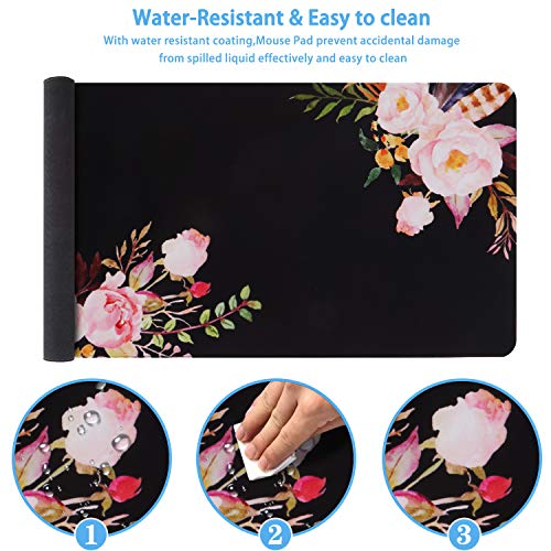 Image of iCasso Extended Gaming Mouse Pad (35.4x15.7 in), Large Non-Slip Rubber Base Mousepad with Stitched Edges, Waterproof Keyboard Mouse Mat Desk Pad for Work, Game, Office, Home (Flower)
