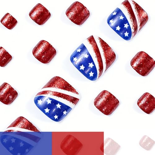 Image of 4th July Press on Toenails Independence Day Fake Toe Nails Red Blue Toenail Press on Nails with Star Design Short Square Glossy Full Cover Patriotic Stick on Toes for Women Manicure 24Pcs