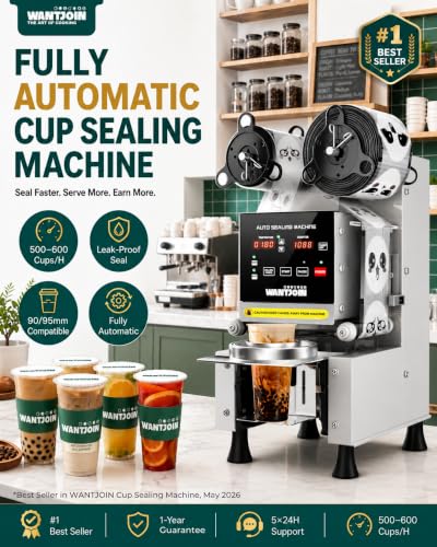 Image of WantJoin Cup Sealer Machine - Full Automatic Cup Sealing Machine Electric Boba Sealing Machine Seals 500-600 Cups /H Digital Control Panel Cup Sealer for Bubble Milk Tea Coffee Shop,20''H 90 /95mm
