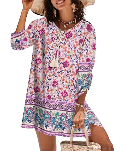 Image of Zeagoo Womens Boho Dresses Casual Beach Summer Dress Tassel Tie Neck 3 /4 Long Sleeve Mini Sundress 2025 Floral Print Cover Up