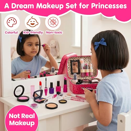 Image of Kidology Makeup Kit Set for Kids - 3-8 Years Girls | 21 Pcs Portable Pretend Play Princess Beauty Set (Not Real Makeup) | Builds Fine Motor Skills | Non-Toxic Mess-Free Suitcase | Gift for Girls
