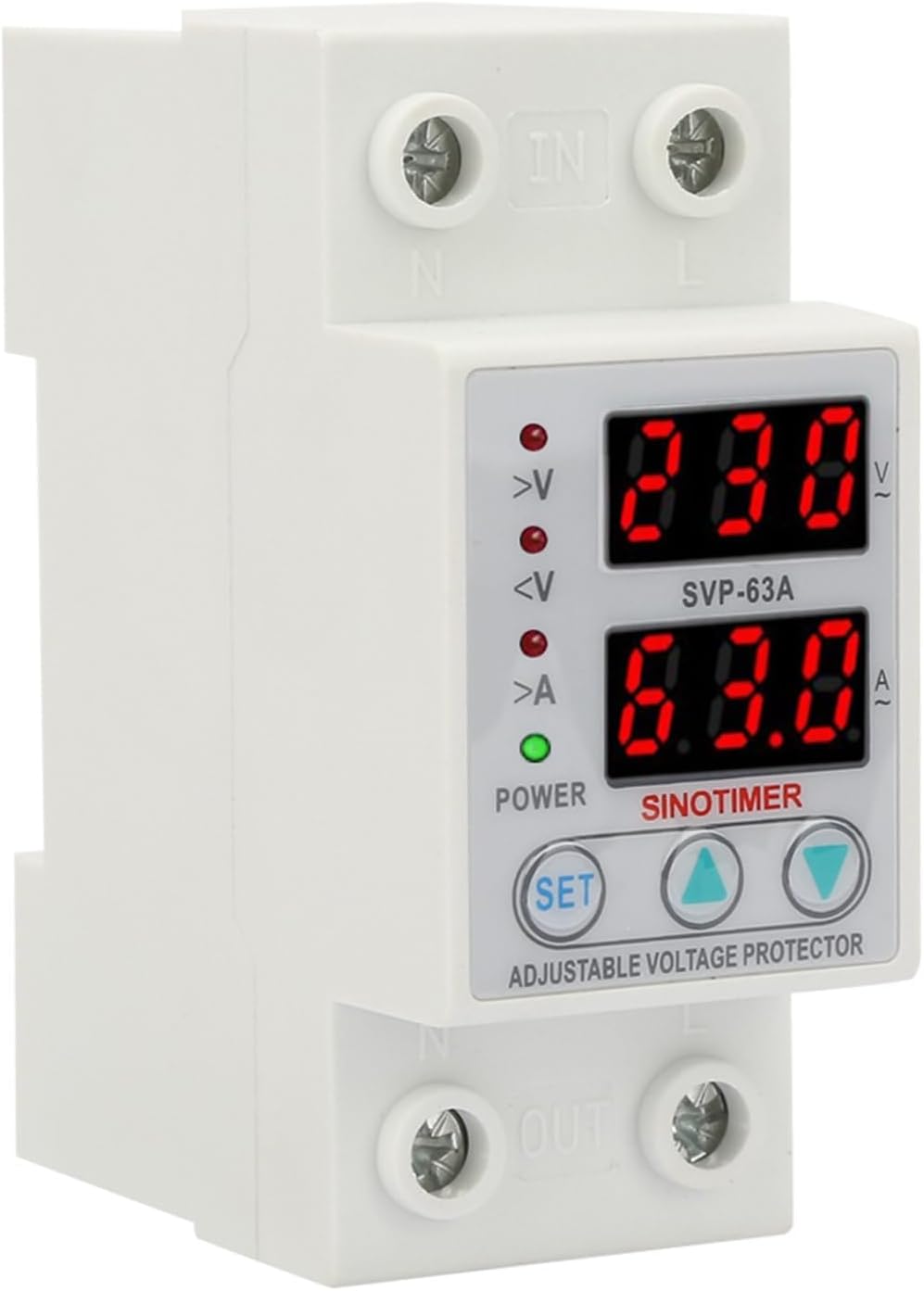 Voltage Current Protector Over/Under Voltage Protector AC230V 63A Double LED Display Single Phase DIN Rail Installation