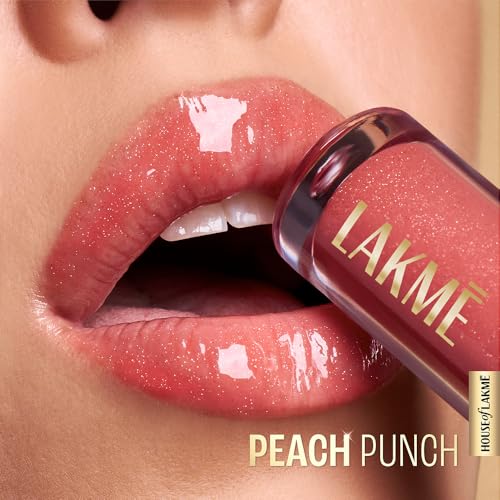 Image of Lakme Glitterati Lip Glaze, for Plump and Shiny Lips, with Vegan Collagen and Crystal Technology, Non-Sticky Formula, Glitter Infused, Delicious Coconut-Vanilla Scent, 202 Peach Punch 5ml