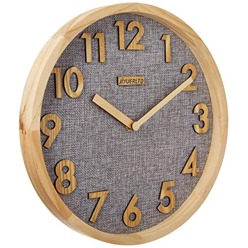 JIYUERLTD 12 Zoll Wanduhr Leise Küchenuhr Nicht-Ticken Quarz-Wanduhren Hölzerne Zahlen 3D Anzeige, Holzrahmen mit Leinen Gesicht Uhr zum Zuhause Büro Klassenzimmer Schule.(Naturholz + graues Leinen)